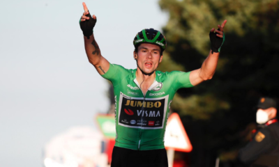 Cyclisme - Tour d'Espagne 2020 - Vainqueur de la 8ème étape, Primoz Roglic tape du poing sur la table