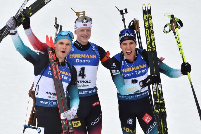 Emilien Jacquelin, Johannes Boe et Quentin Fillon Maillet sur le podium de la mass start des Mondiaux d'Antholz - Marco Bertorello - AFP