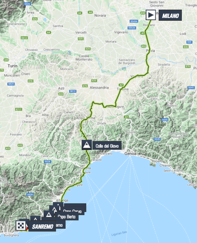 La carte du parcours de Milan - San Remo 2021