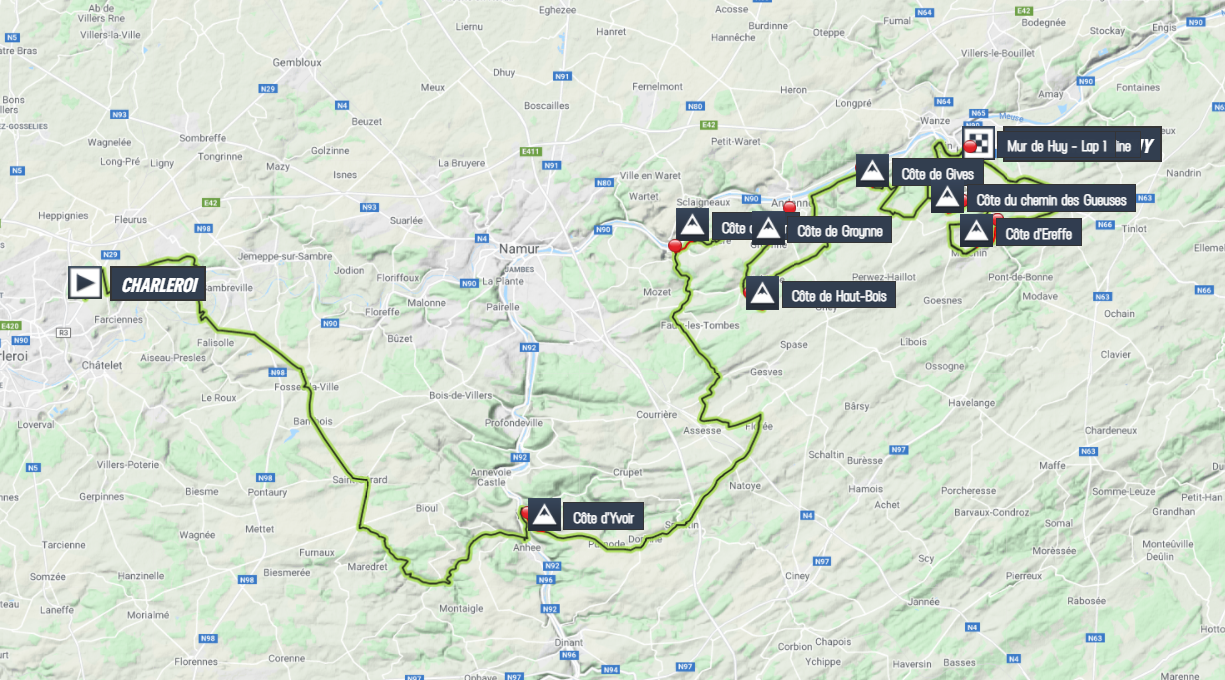 La carte du parcours de la Flèche Wallonne 2021