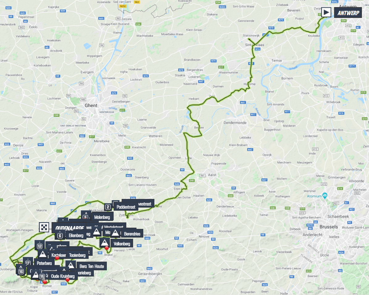 La carte du parcours du Tour des Flandres 2021