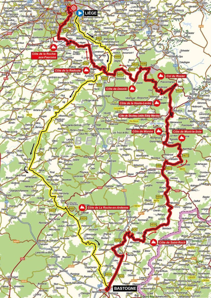 La carte du parcours de Liège-Bastogne-Liège 2022