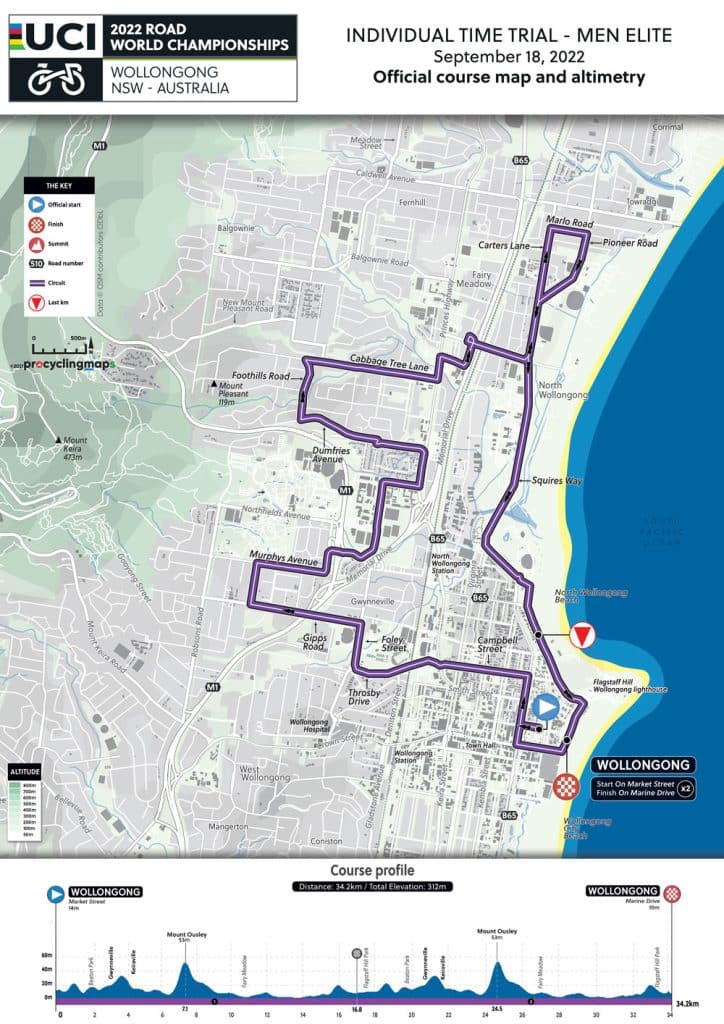 Carte du parcours et profil du contre-la-montre élites femmes et hommes des Mondiaux de Wollongong 2022
