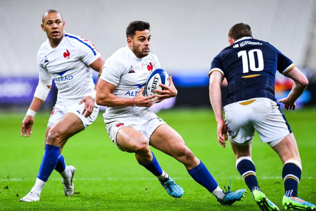 Arthur Vincent au premier plan, devant Gaël Fickou, lors du match du 6 Nations 2021 face à l'Écosse
