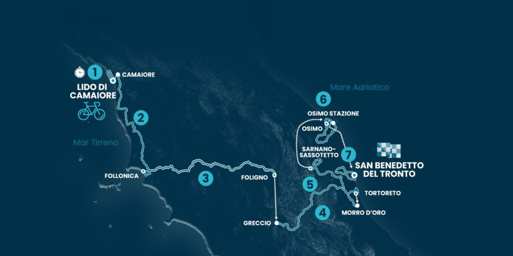 Carte du parcours de Tirreno-Adriatico 2023