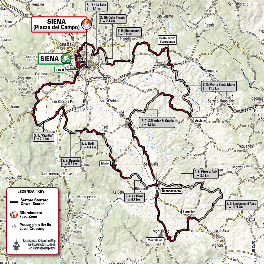 Carte du parcours des Strade Bianche 2023