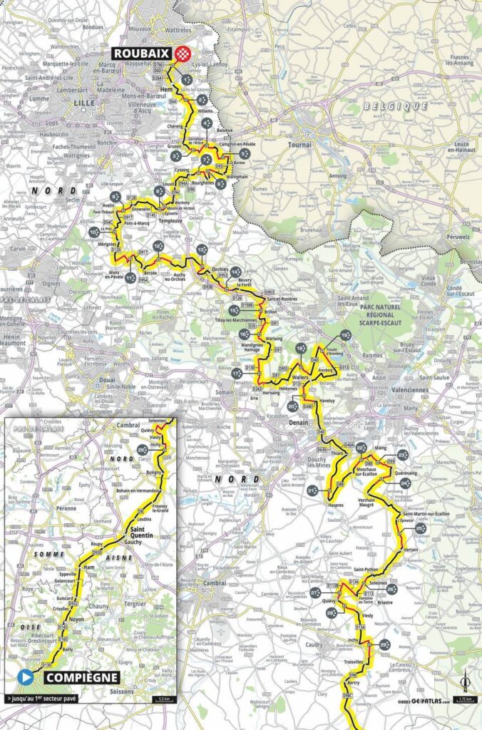 Carte du parcours de Paris-Roubaix 2023