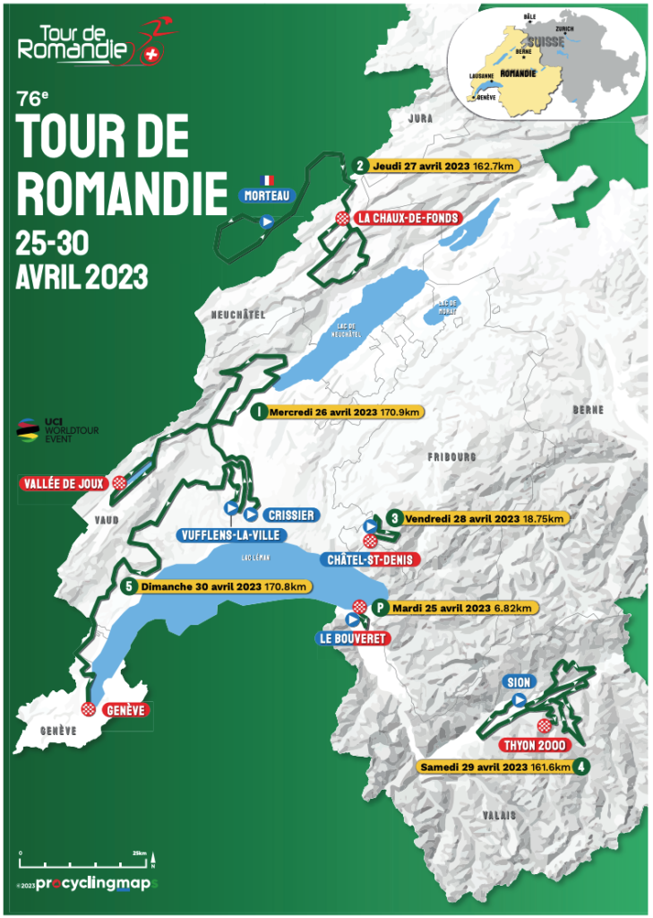 Carte du parcours du Tour de Romandie 2023