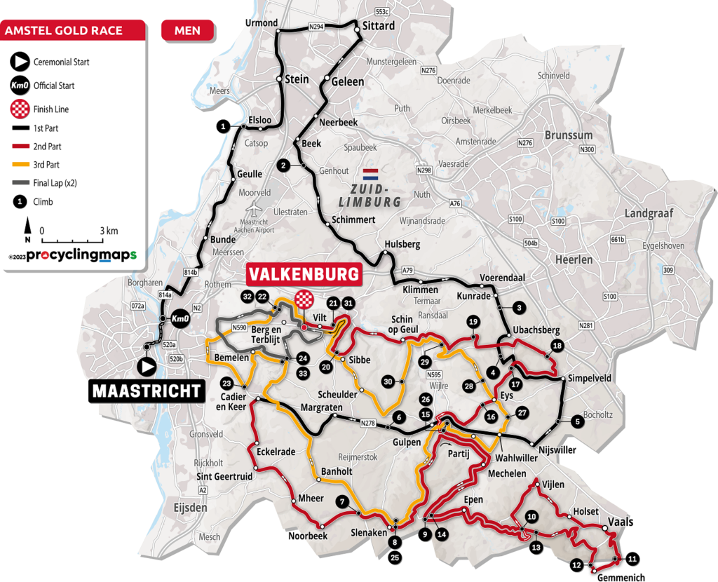 La carte du parcours de l'Amstel Gold Race 2023