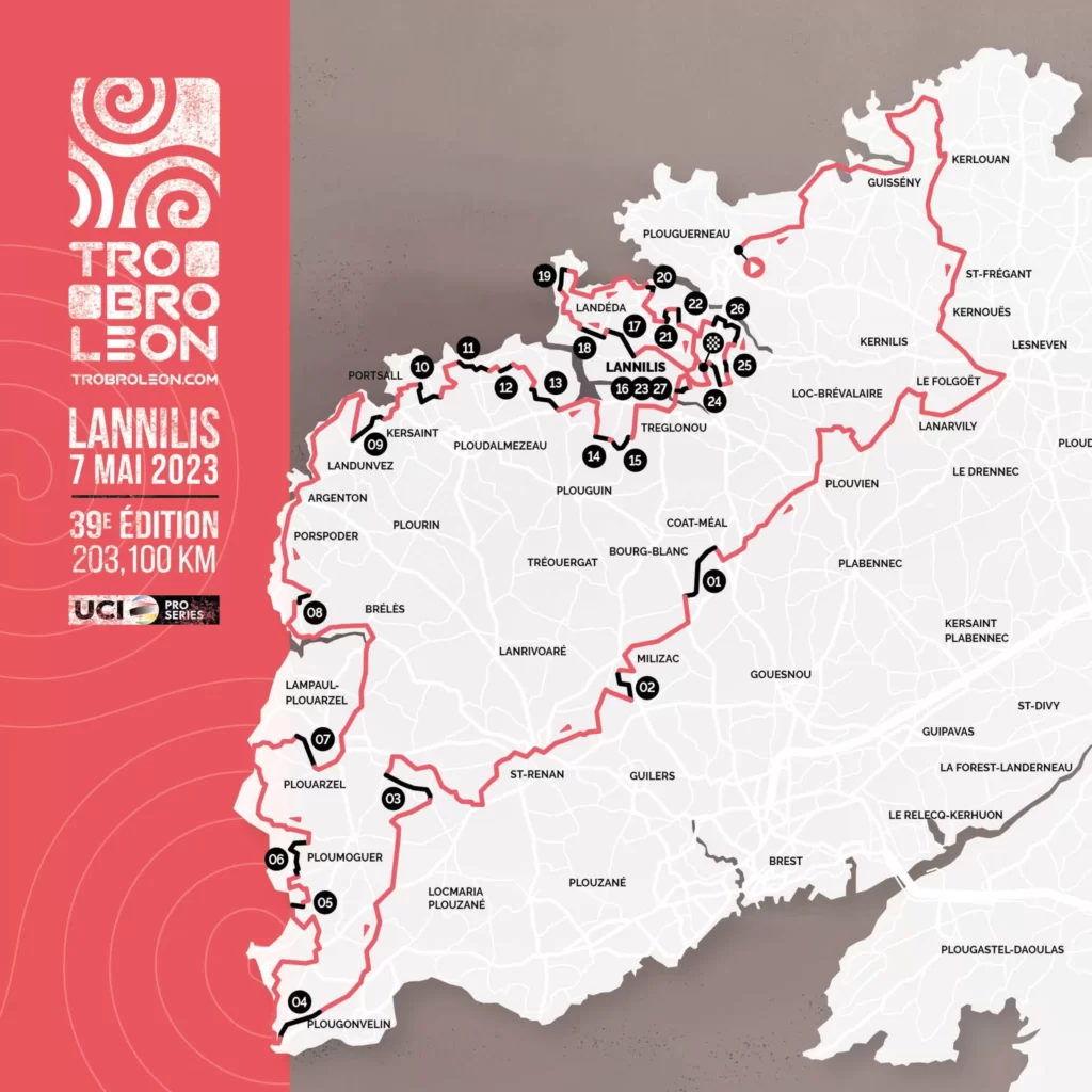 La carte du parcours du Tro Bro Leon 2023