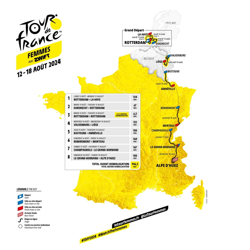 Carte du parcours du Tour de France Femmes 2024