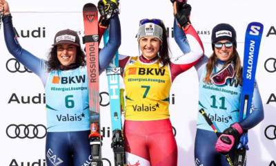 Super-G femmes Crans-Montana 2024 Stephanie Venier coiffe Federica Brignone, Romane Miradoli au pied du podium
