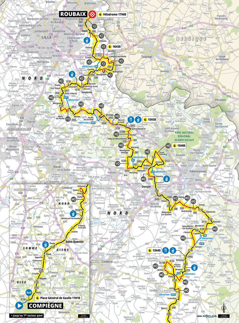 Carte du parcours de Paris-Roubaix 2024