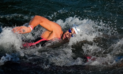 Natation en eau libre Setubal Logan Fontaine et Marc-Antoine Olivier sur le podium du 3 km knockout sprint