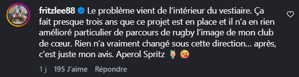 Le message de Fritz Lee sous une publication Rugbyrama