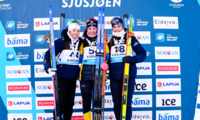 Célia Henaff monte sur la deuxième marche du podium sur le sprint de Sjusjoen en IBU Cup