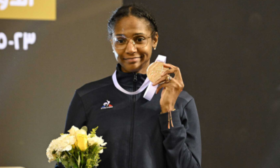 Marie-Florence Candassamy et Paul Fortin sur le podium du Grand Prix d'épée de Medellin