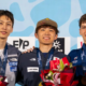Mejdi Schalck sur le podium du bloc en Coupe du monde à Keqiao, Sorato Anraku vainqueur