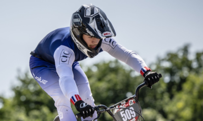 Eddy Clerté sur le podium de la 2e manche de Coupe du monde de BMX Racing à Sarrians, Clément Rocherieux mène un triplé français en U23