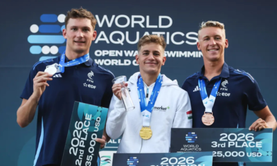 Sacha Velly et Marc-Antoine Olivier sur le podium du 10 km en eau libre de Setubal